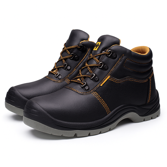 Black Leather Steel Toe Safety Boots with PU Sole – Puncture Resistant
