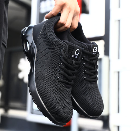 Breathable Black Fly Woven Steel Toe Safety Shoes with Rubber Sole